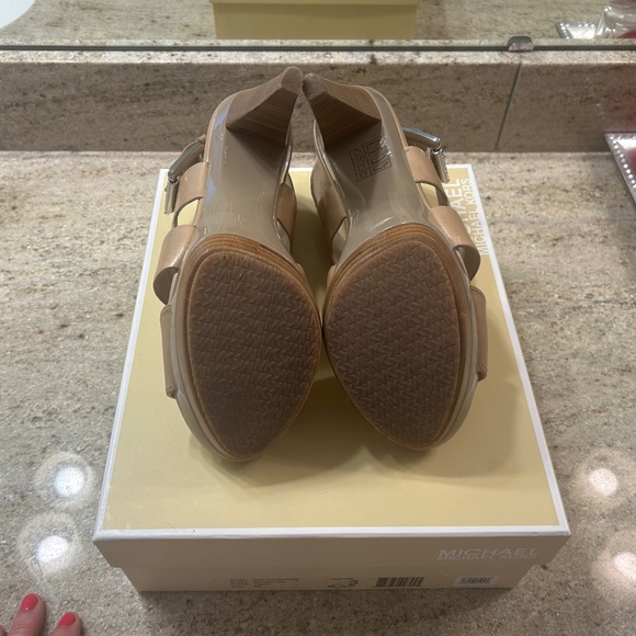 MICHAEL KORS Taupe Stacked Wedged Carla Heels/Sandals - Picture 4 of 5